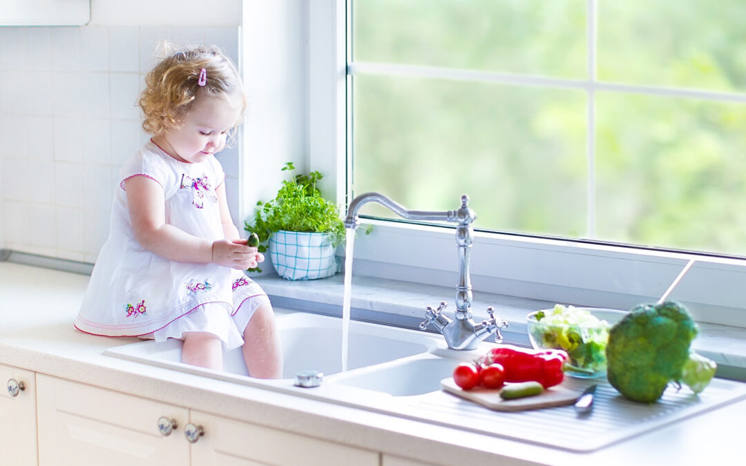 Little girl in kitchen sink