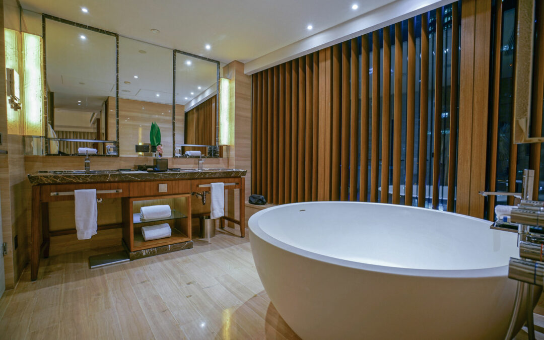 A luxurious hotel bathroom.